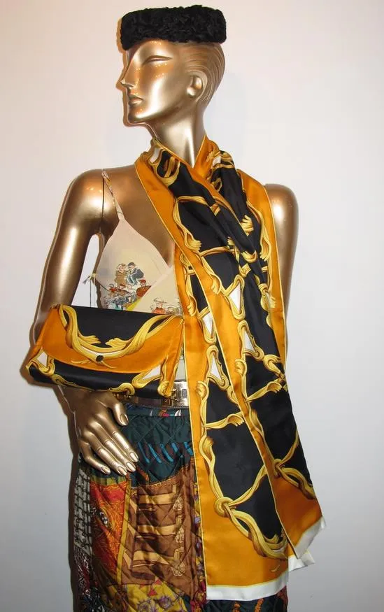 Hermes 1970s Print Silk Bag and Matching Scarf Etole by Henry D'Origny