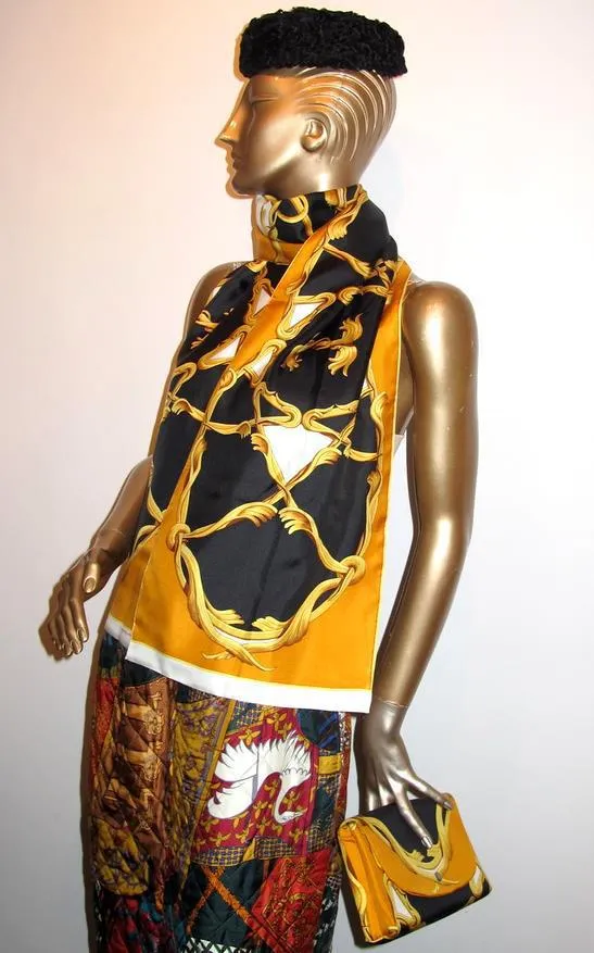 Hermes 1970s Print Silk Bag and Matching Scarf Etole by Henry D'Origny