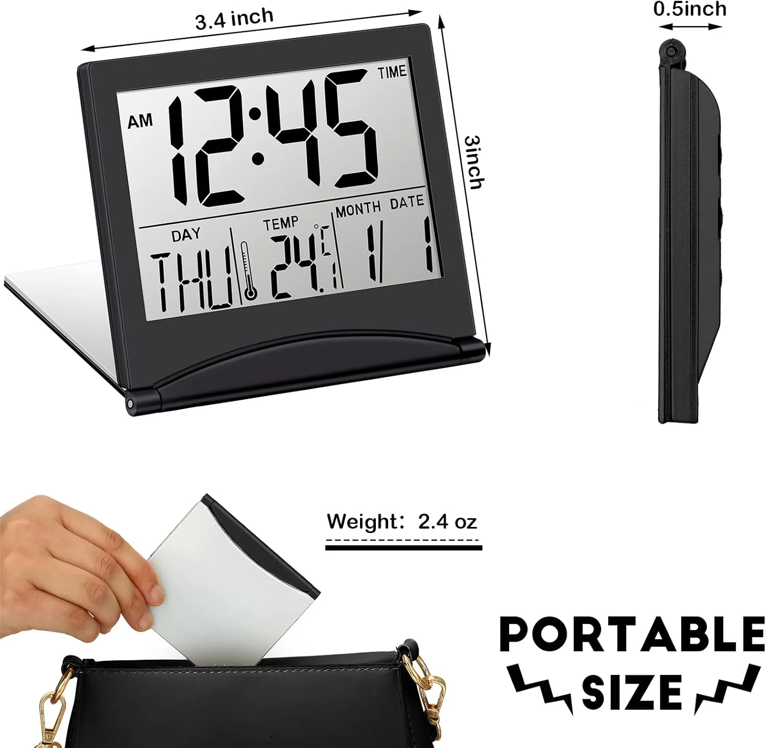 Hicarer 2 Pieces Digital Travel Alarm Clock Battery Operated Foldable LCD Clock with Calendar Temperature Snooze Mode Multifunction Portable Watch Large Display Desk Chime(Black)