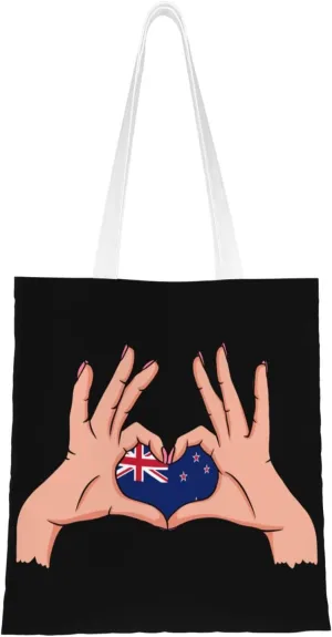 Holding Love In Your Hands Flag Of New Zealand Tote Bag for Women Canvas Shopping Bags Reusable Large Capacity Casual Shoulder Handbags Grocery Bags DIY Gift Bags