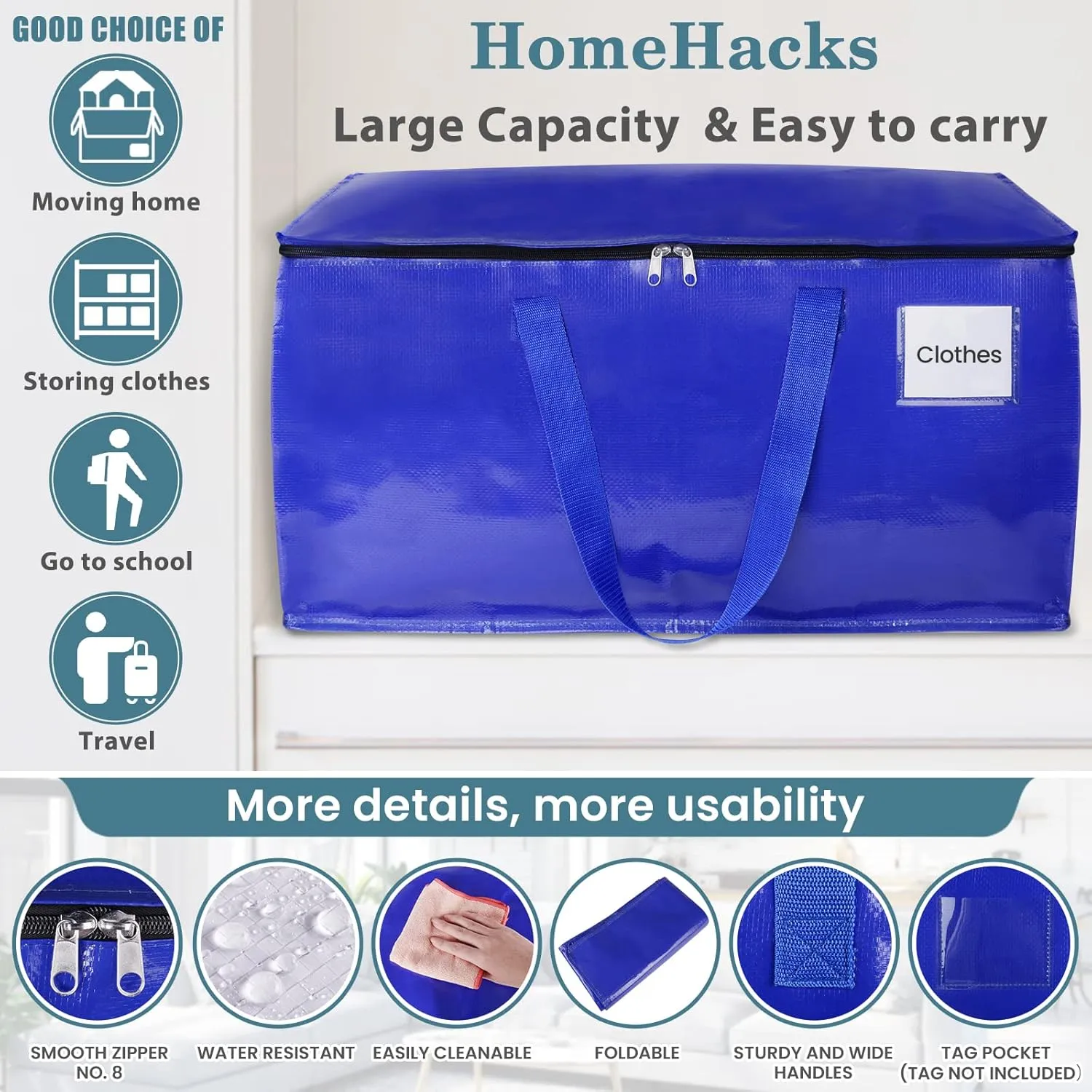 HomeHacks Moving Bags Heavy Duty with Strong Zippers and Handles Collapsible Moving Supplies, Storage Totes for Packing & Moving Storing 125L,8-Pack, Blue