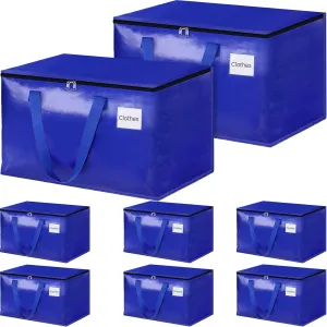 HomeHacks Moving Bags Heavy Duty with Strong Zippers and Handles Collapsible Moving Supplies, Storage Totes for Packing & Moving Storing 125L,8-Pack, Blue