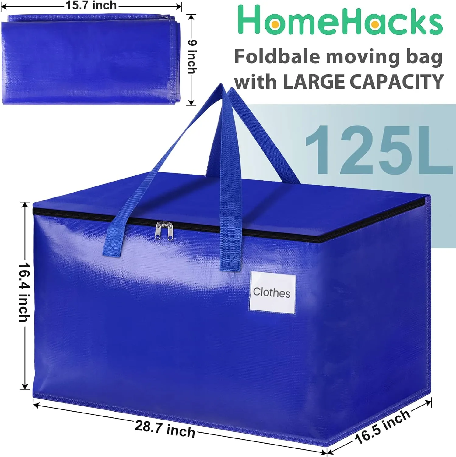 HomeHacks Moving Bags Heavy Duty with Strong Zippers and Handles Collapsible Moving Supplies, Storage Totes for Packing & Moving Storing 125L,8-Pack, Blue