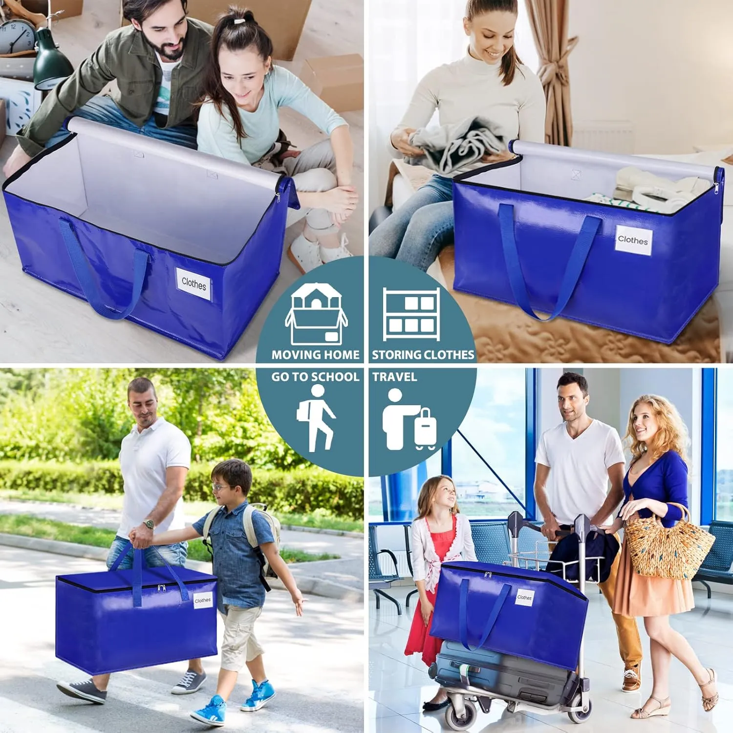 HomeHacks Moving Bags Heavy Duty with Strong Zippers and Handles Collapsible Moving Supplies, Storage Totes for Packing & Moving Storing 125L,8-Pack, Blue