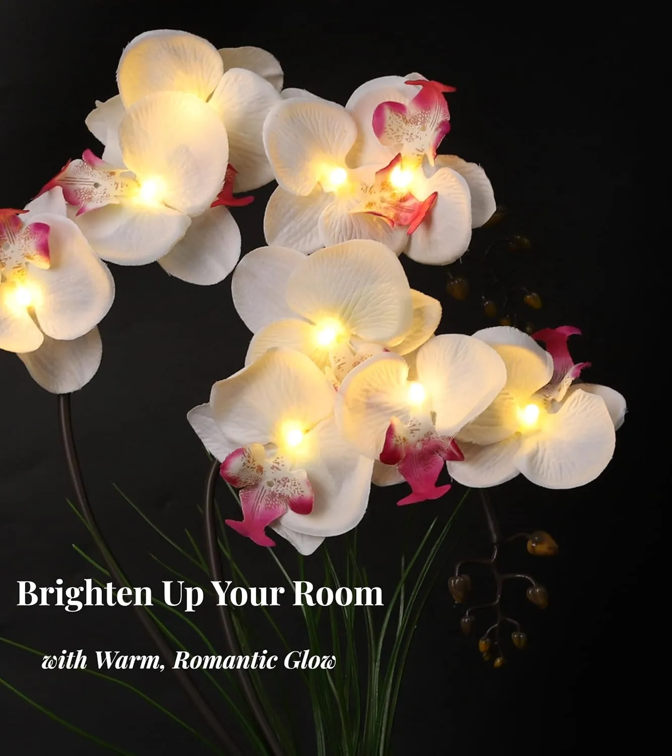 Homeseaons Orchid Lamp-LED Lighted Orchid Arrangements,Pre Lit Artificial Orchid,Light Up Flower Lights, Faux Orchid Phalaenopsis Arrangement (White)