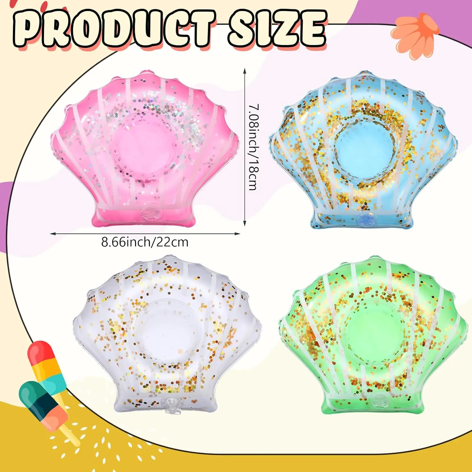 Honeydak 12 Pieces Inflatable Drink Holder Shell Drink Floats Sequin Reusable Inflatable Sea Animal Cup Coasters Pool Cup Holders for Summer Swimming Party Favors Decoration (White,Pink,Blue,Green)
