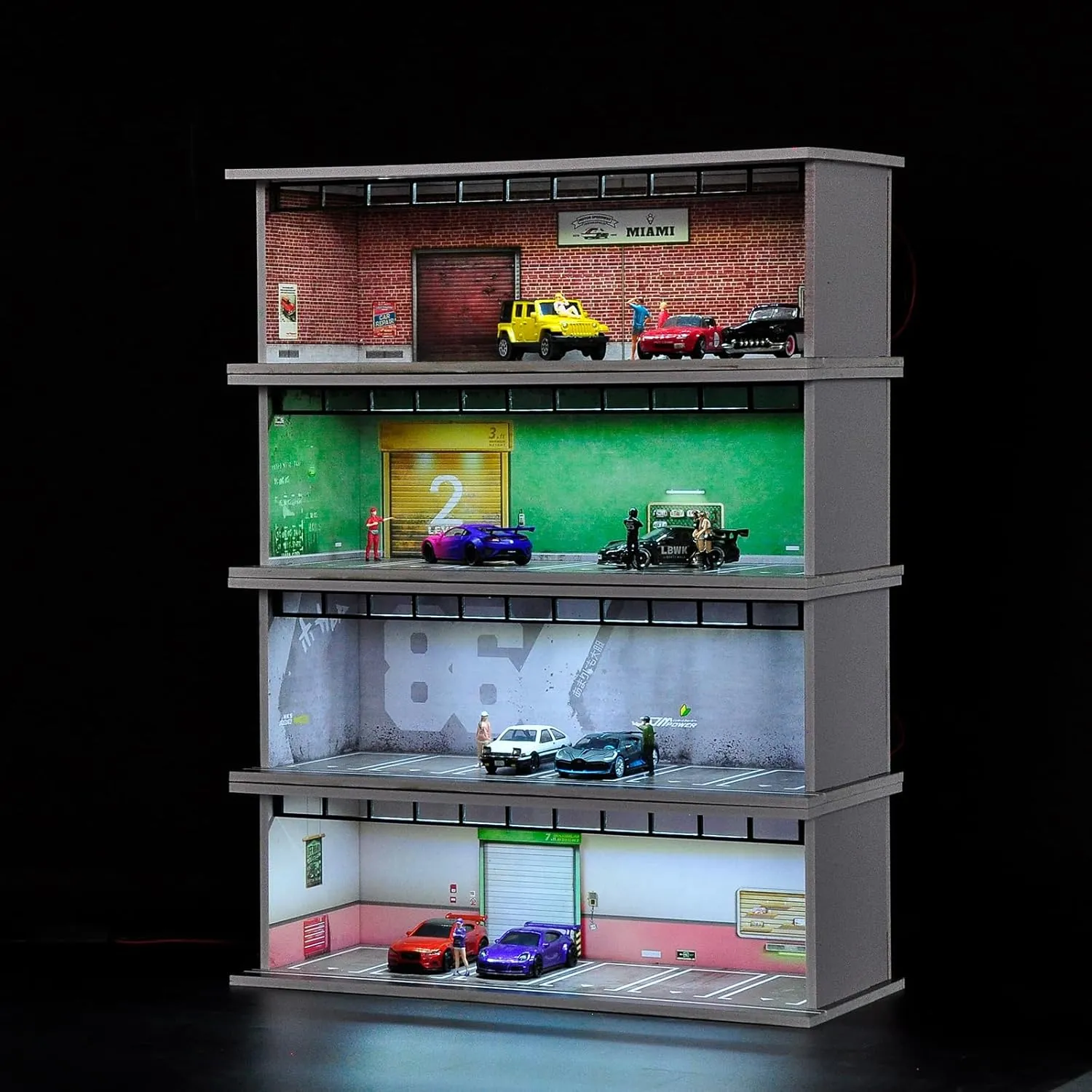 Hot Diecast Wheels Display Case - 1/64 Scale Die-cast Model Car Display Case with LED Light and Acrylic Cover, Hot Diecast Wheels Parking Garage Dioramas with 6 Parking Spaces (1/64-6Pwheels)
