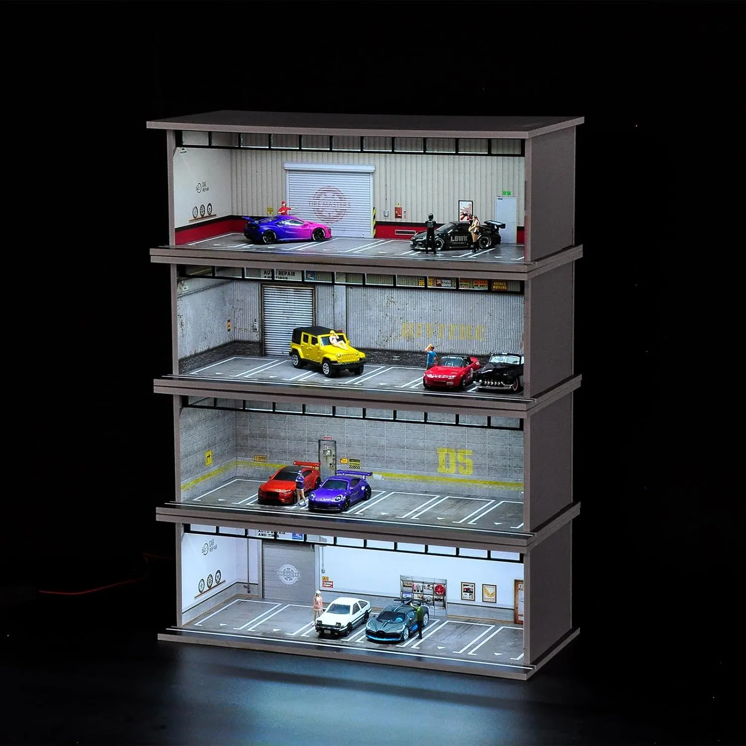 Hot Diecast Wheels Display Case - 1/64 Scale Die-cast Model Car Display Case with LED Light and Acrylic Cover, Hot Diecast Wheels Parking Garage Dioramas with 6 Parking Spaces (1/64-6Pwheels)