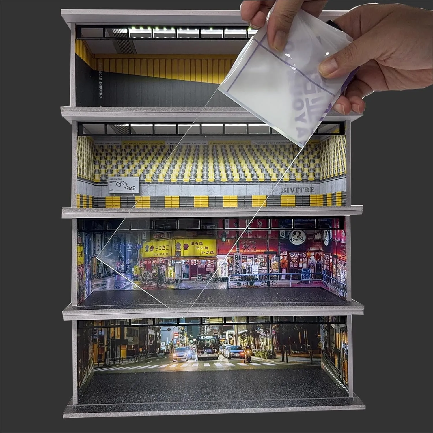 Hot Diecast Wheels Display Case - 1/64 Scale Die-cast Model Car Display Case with LED Light and Acrylic Cover, Hot Diecast Wheels Parking Garage Dioramas with 6 Parking Spaces