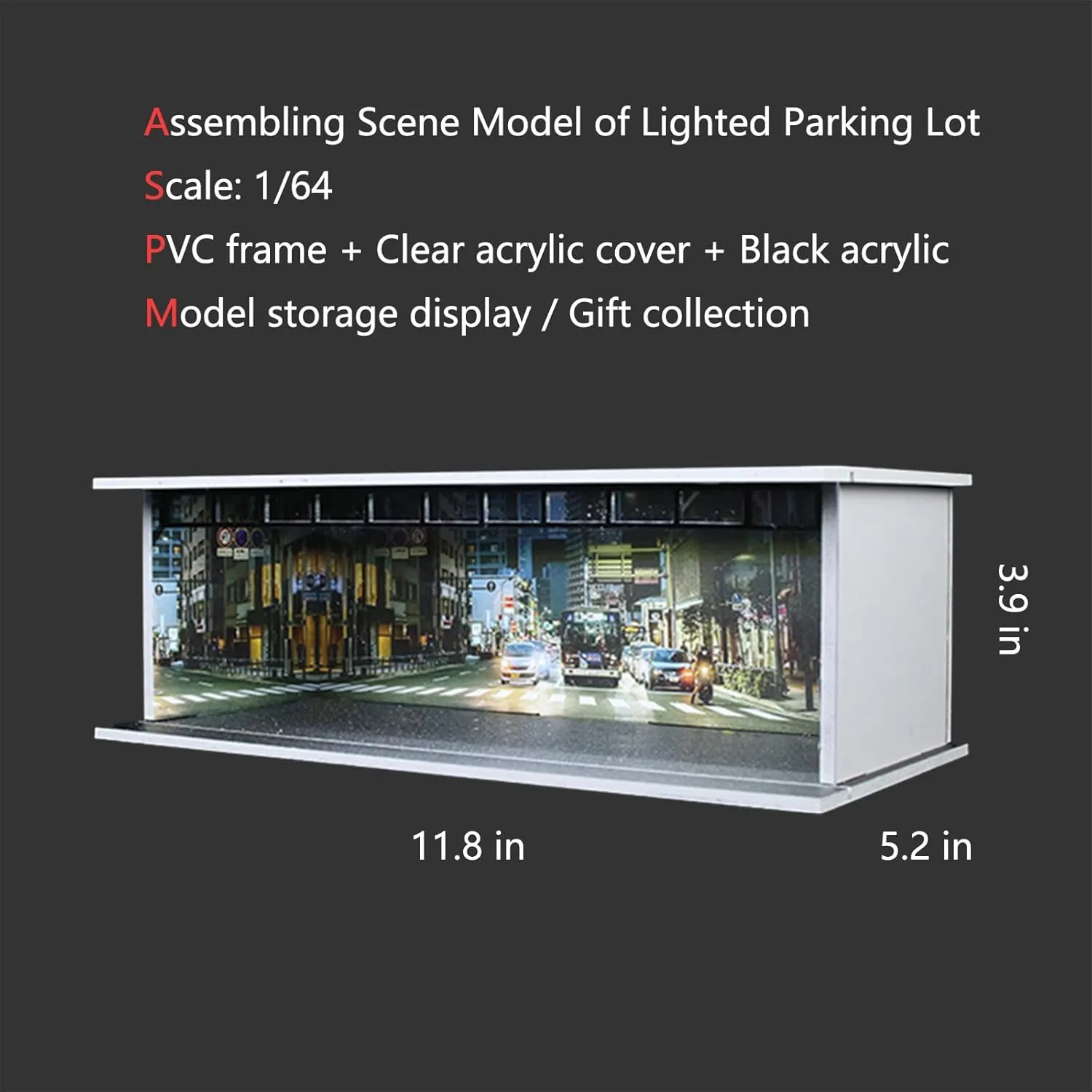 Hot Diecast Wheels Display Case - 1/64 Scale Die-cast Model Car Display Case with LED Light and Acrylic Cover, Hot Diecast Wheels Parking Garage Dioramas with 6 Parking Spaces