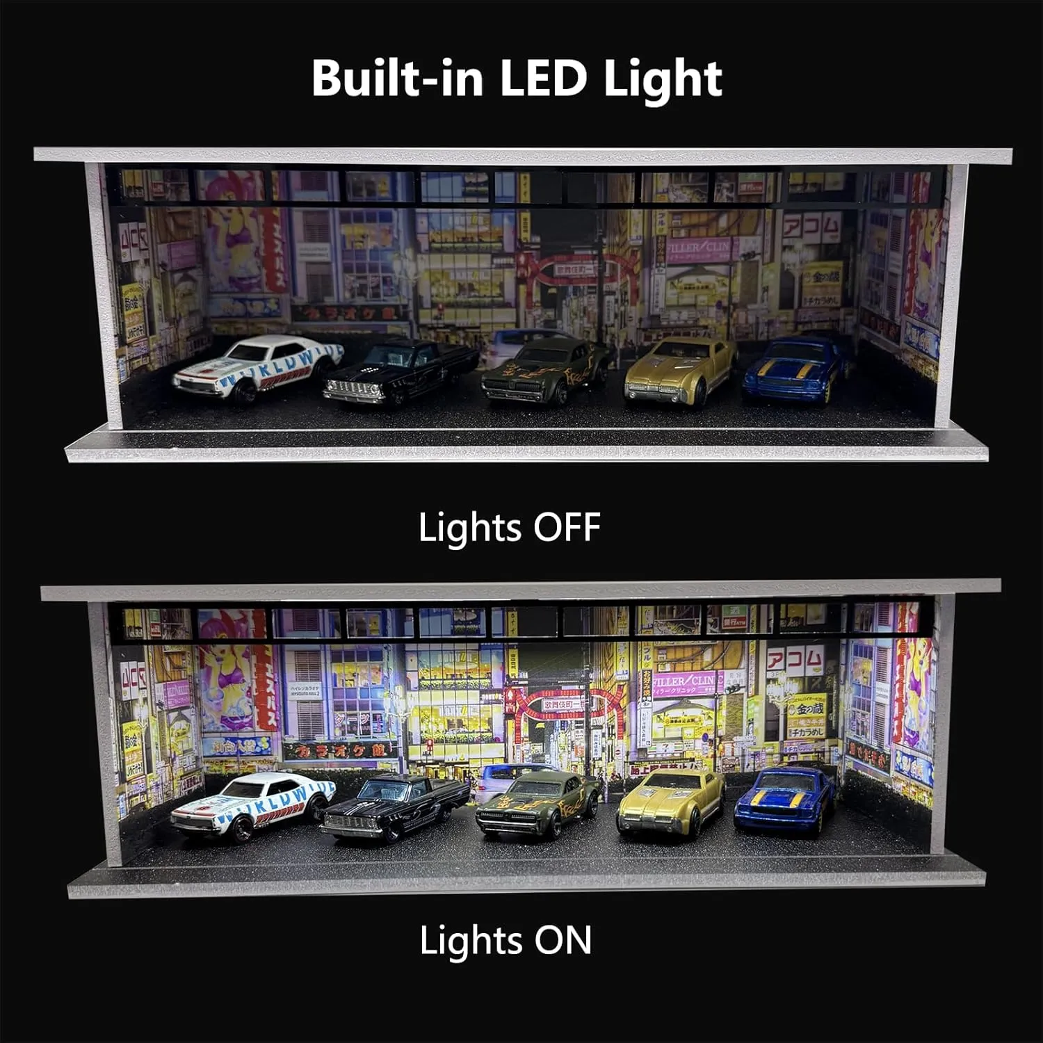 Hot Diecast Wheels Display Case - 1/64 Scale Die-cast Model Car Display Case with LED Light and Acrylic Cover, Hot Diecast Wheels Parking Garage Dioramas with 6 Parking Spaces