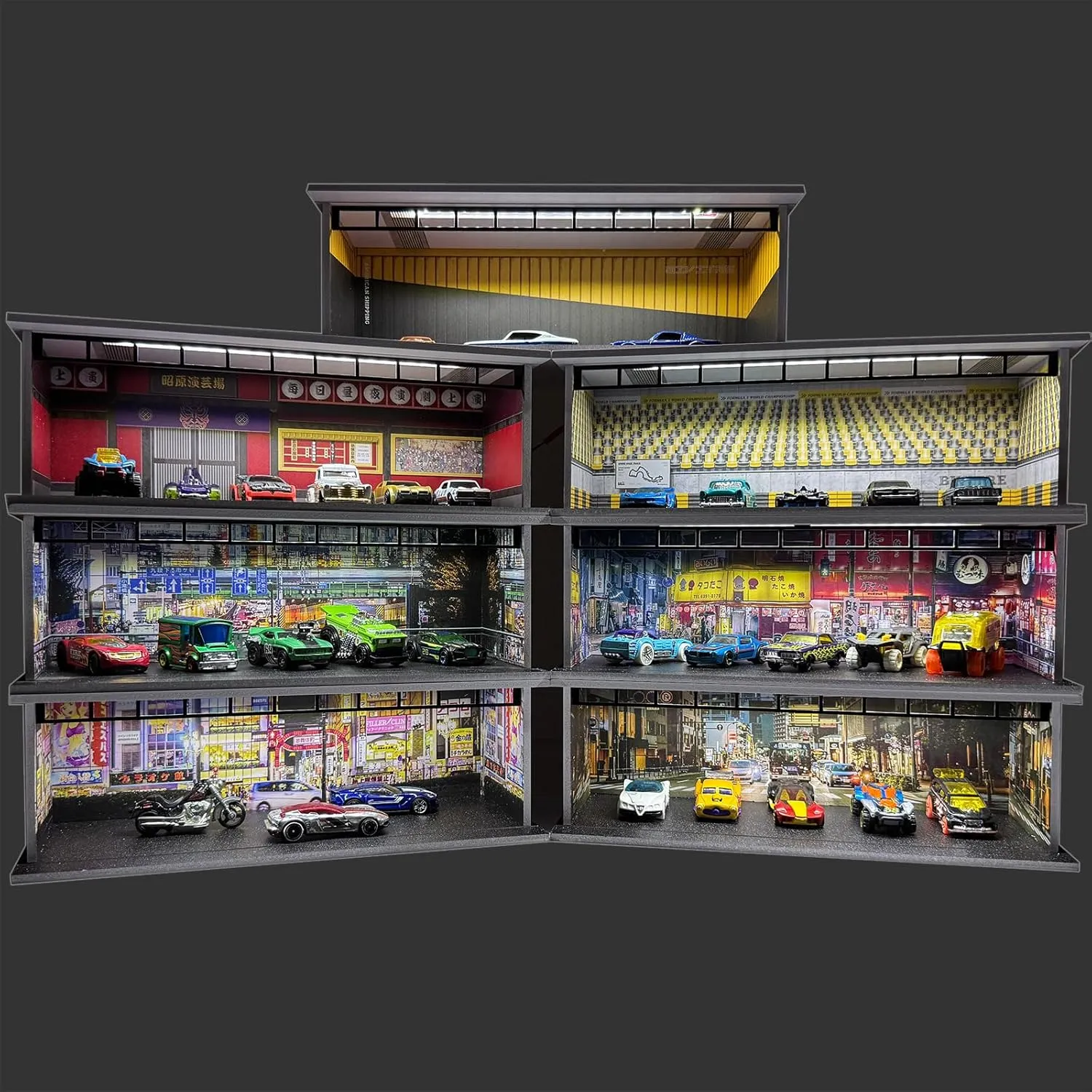 Hot Diecast Wheels Display Case - 1/64 Scale Die-cast Model Car Display Case with LED Light and Acrylic Cover, Hot Diecast Wheels Parking Garage Dioramas with 6 Parking Spaces