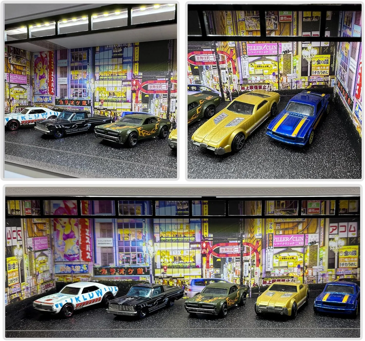 Hot Diecast Wheels Display Case - 1/64 Scale Die-cast Model Car Display Case with LED Light and Acrylic Cover, Hot Diecast Wheels Parking Garage Dioramas with 6 Parking Spaces