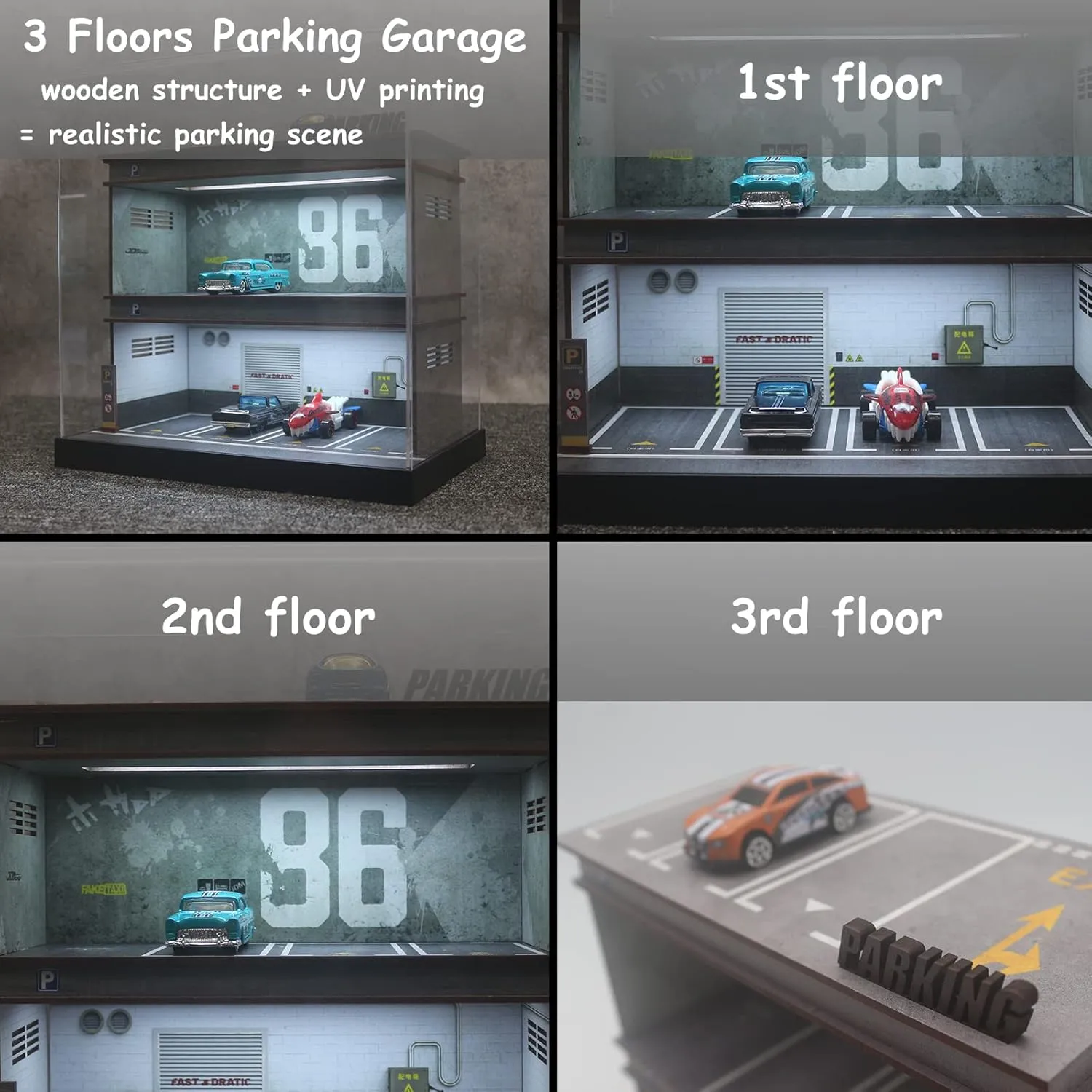 Hot Diecast Wheels Display Case - 1/64 Scale Die-cast Model Car Display Case with LED Light and Acrylic Cover, Wooden Parking Garage in 3 Floors with 10 Parking Spaces (86)