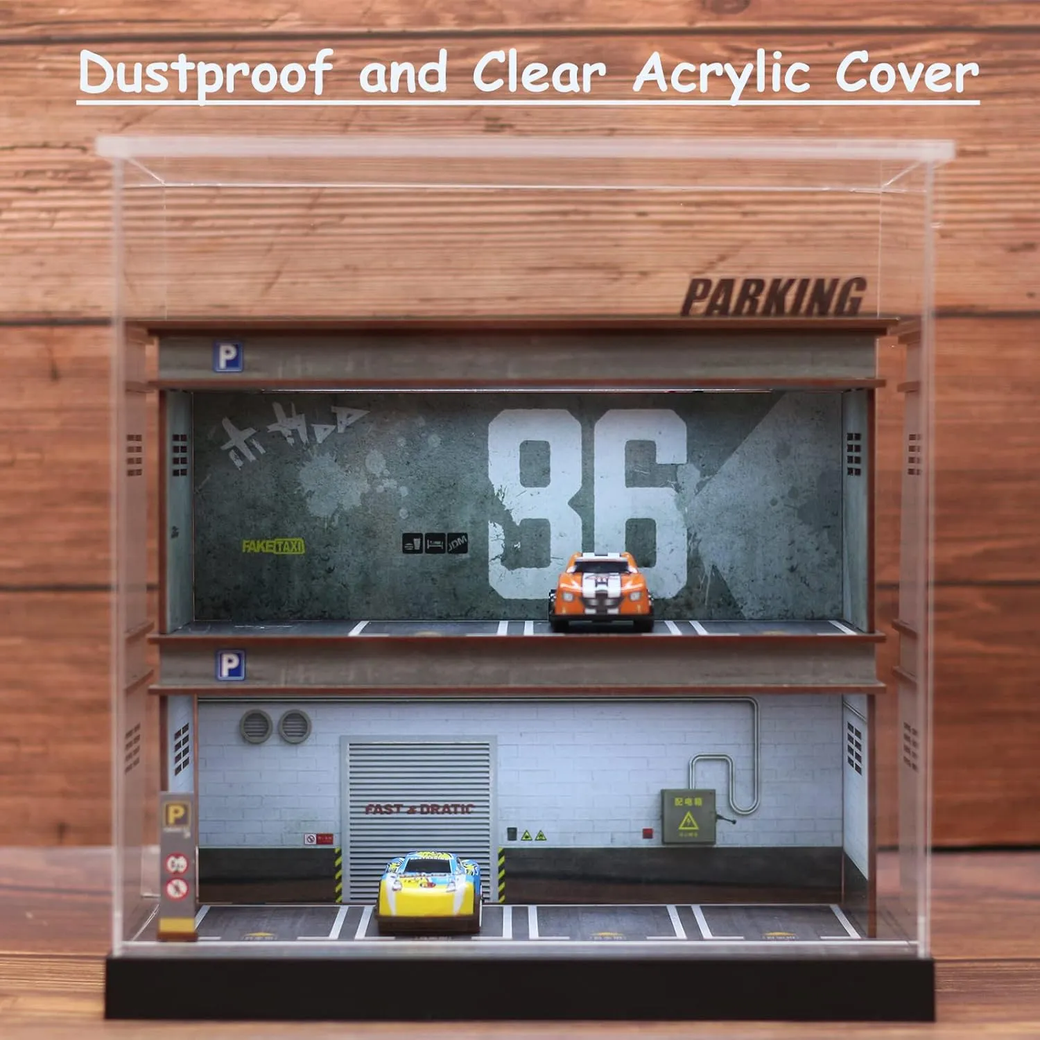 Hot Diecast Wheels Display Case - 1/64 Scale Die-cast Model Car Display Case with LED Light and Acrylic Cover, Wooden Parking Garage in 3 Floors with 10 Parking Spaces (86)