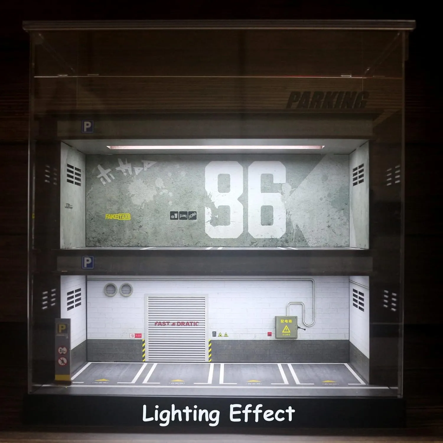 Hot Diecast Wheels Display Case - 1/64 Scale Die-cast Model Car Display Case with LED Light and Acrylic Cover, Wooden Parking Garage in 3 Floors with 10 Parking Spaces (86)