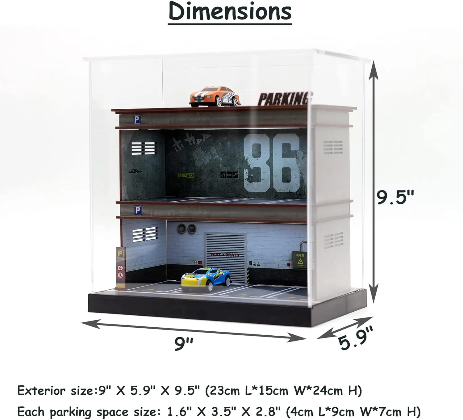 Hot Diecast Wheels Display Case - 1/64 Scale Die-cast Model Car Display Case with LED Light and Acrylic Cover, Wooden Parking Garage in 3 Floors with 10 Parking Spaces (86)