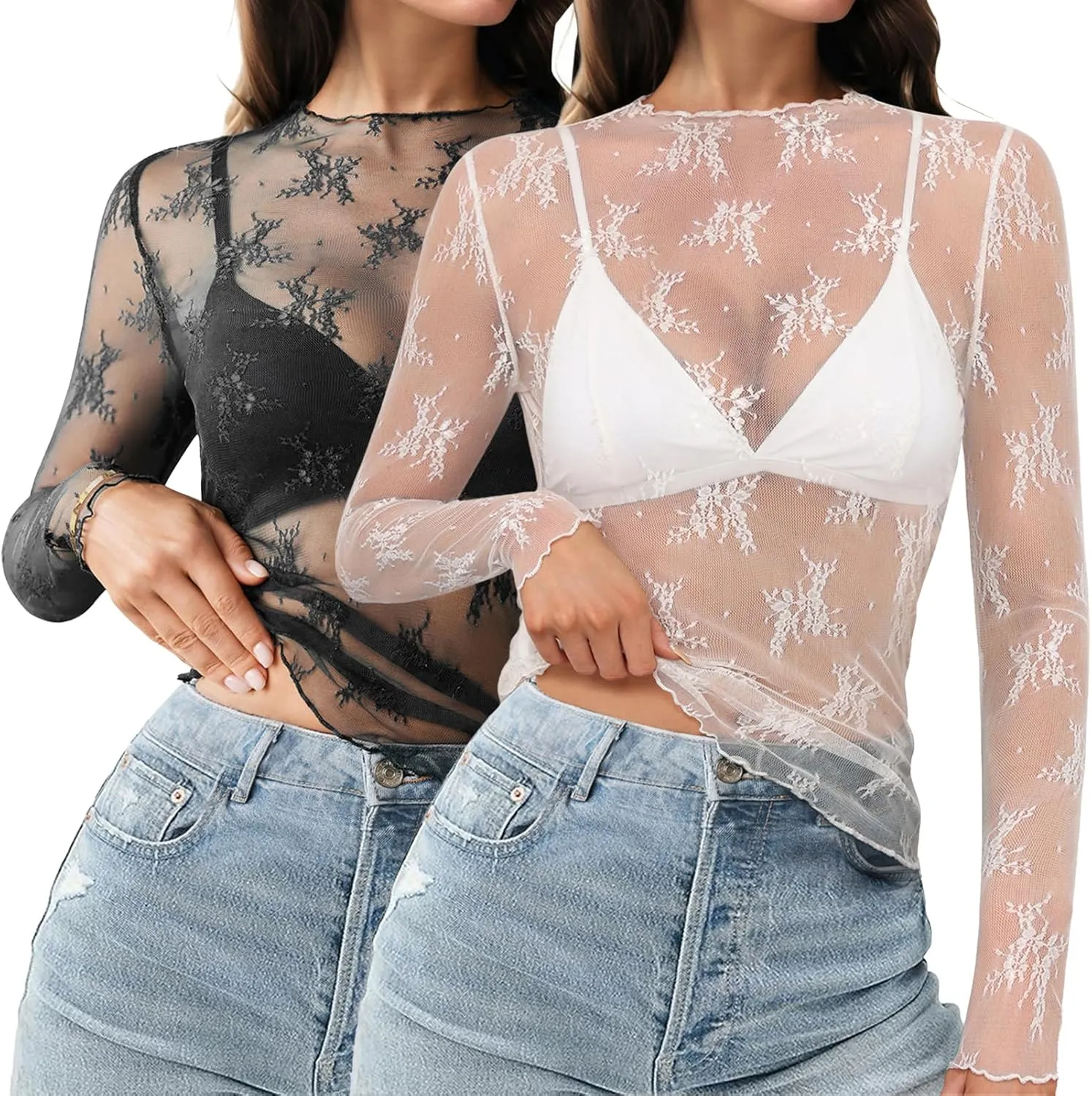 HOTOUCH Women's Mesh Sheer Tops Long Sleeve Layering Top Mock Neck See Through Floral Lace Shirt Blouse