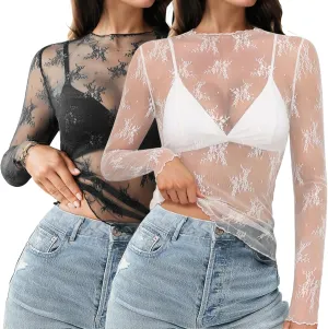 HOTOUCH Women's Mesh Sheer Tops Long Sleeve Layering Top Mock Neck See Through Floral Lace Shirt Blouse