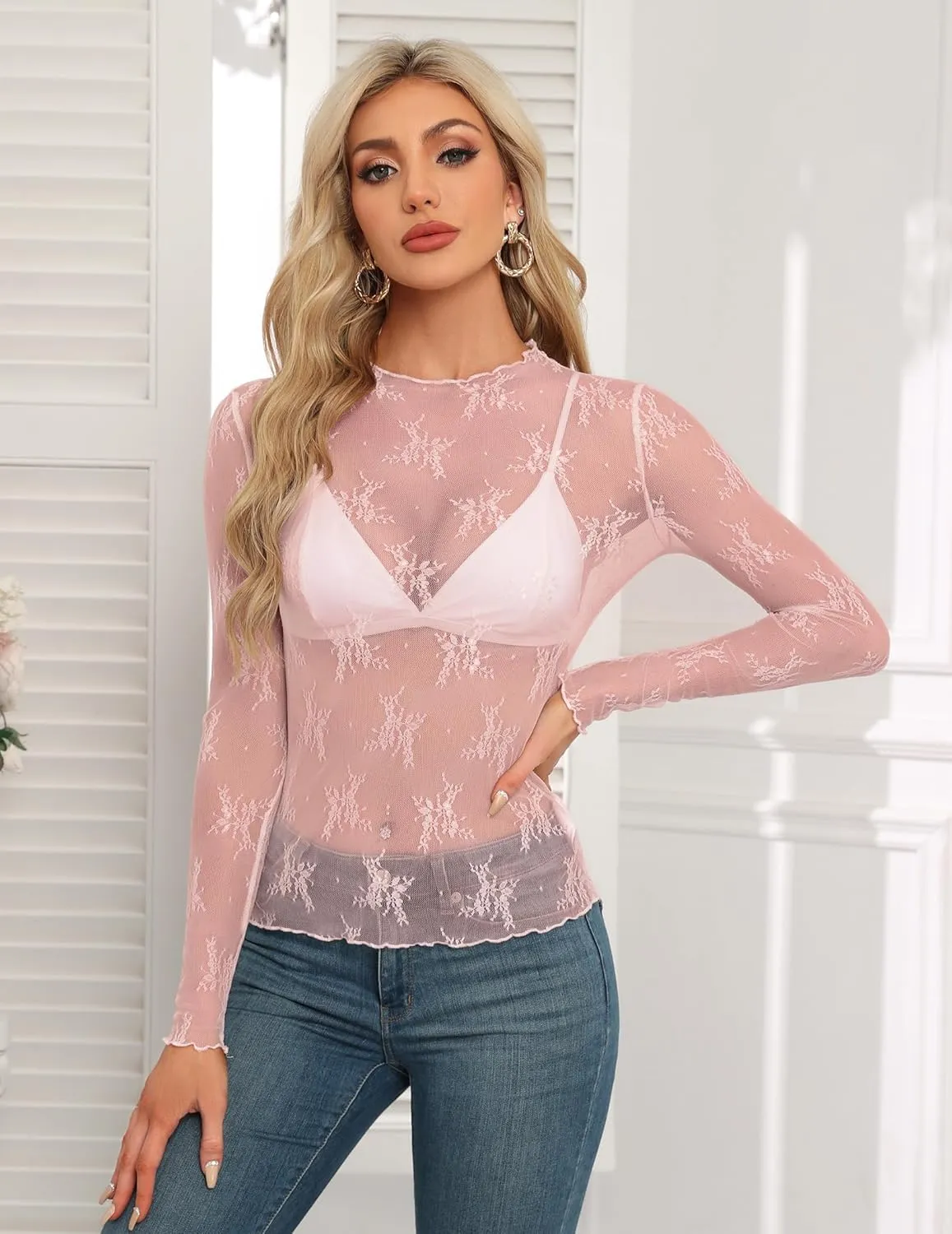 HOTOUCH Women's Mesh Sheer Tops Long Sleeve Layering Top Mock Neck See Through Floral Lace Shirt Blouse