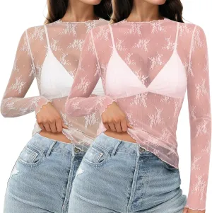HOTOUCH Women's Mesh Sheer Tops Long Sleeve Layering Top Mock Neck See Through Floral Lace Shirt Blouse