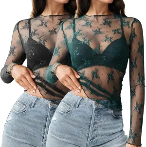 HOTOUCH Women's Mesh Sheer Tops Long Sleeve Layering Top Mock Neck See Through Floral Lace Shirt Blouse