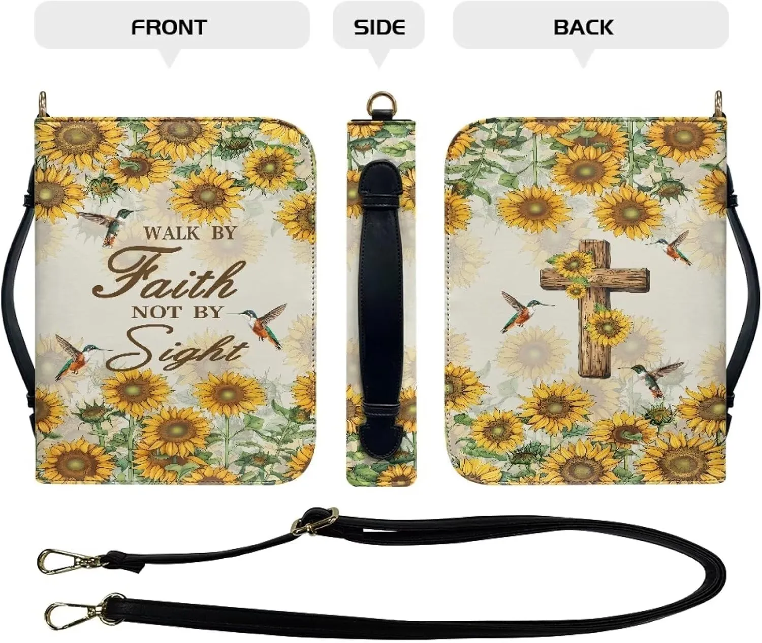 Hummingbird Sunflower Cross Print Bible Case Walk by Faith Not by Sight Bible Cover Lightweight Bible Carrier Tote Bag Crossbody Bag Bible Journaling Supplies, M