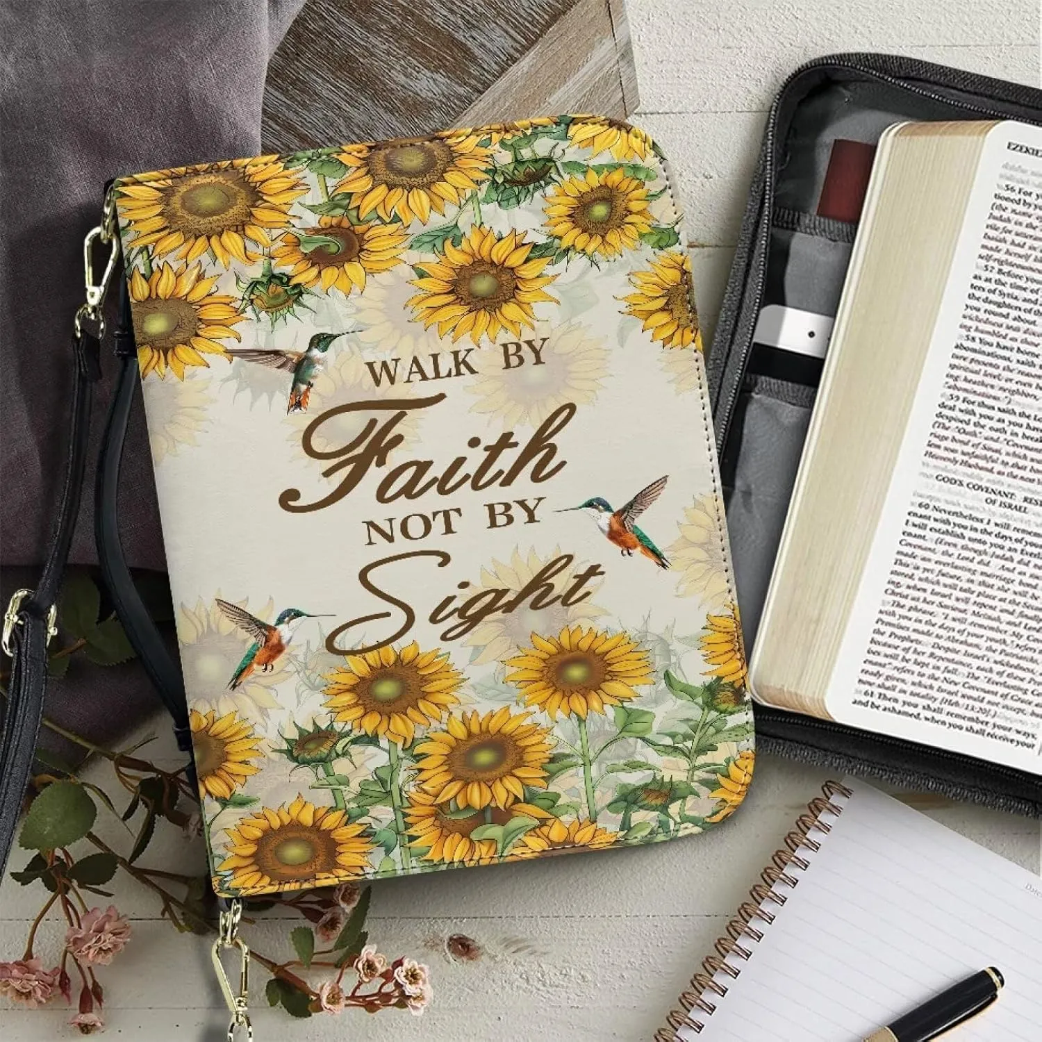 Hummingbird Sunflower Cross Print Bible Case Walk by Faith Not by Sight Bible Cover Lightweight Bible Carrier Tote Bag Crossbody Bag Bible Journaling Supplies, M