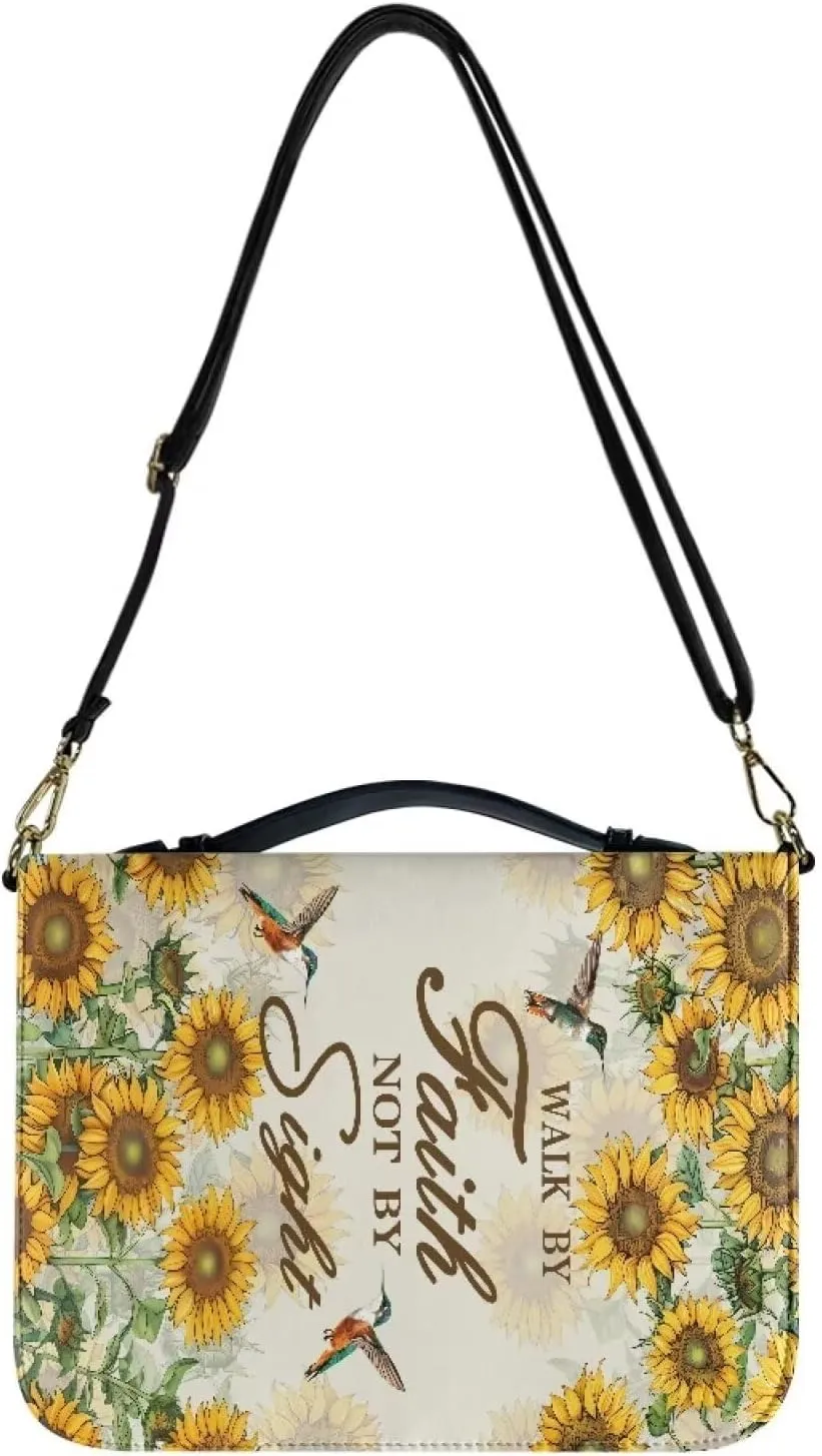 Hummingbird Sunflower Cross Print Bible Case Walk by Faith Not by Sight Bible Cover Lightweight Bible Carrier Tote Bag Crossbody Bag Bible Journaling Supplies, M