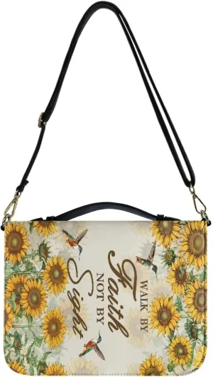Hummingbird Sunflower Cross Print Bible Case Walk by Faith Not by Sight Bible Cover Lightweight Bible Carrier Tote Bag Crossbody Bag Bible Journaling Supplies, M