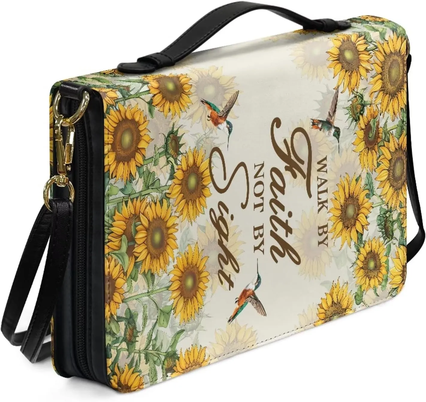 Hummingbird Sunflower Cross Print Bible Case Walk by Faith Not by Sight Bible Cover Lightweight Bible Carrier Tote Bag Crossbody Bag Bible Journaling Supplies, M