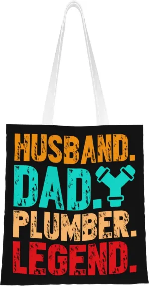 Husband Dad Plumber Legend Tote Bag for Women Canvas Shopping Bags Reusable Large Capacity Casual Shoulder Handbags Grocery Bags DIY Gift Bags