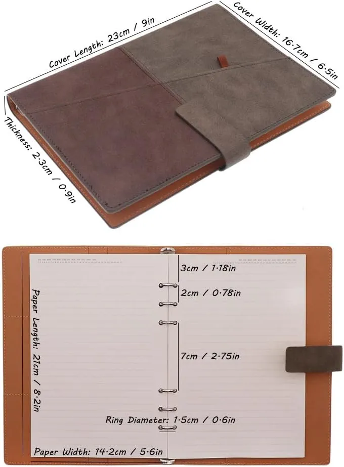 HXRTANGS A5 Loose-Leaf Notebook, Refillable 6-Ring Binder Journal Organizer with 80 Sheets Lined Paper   Planner Stickers   Subject Dividers   Index Tabs   Zip Bag   Stencil   Bookmark Ruler, Brown