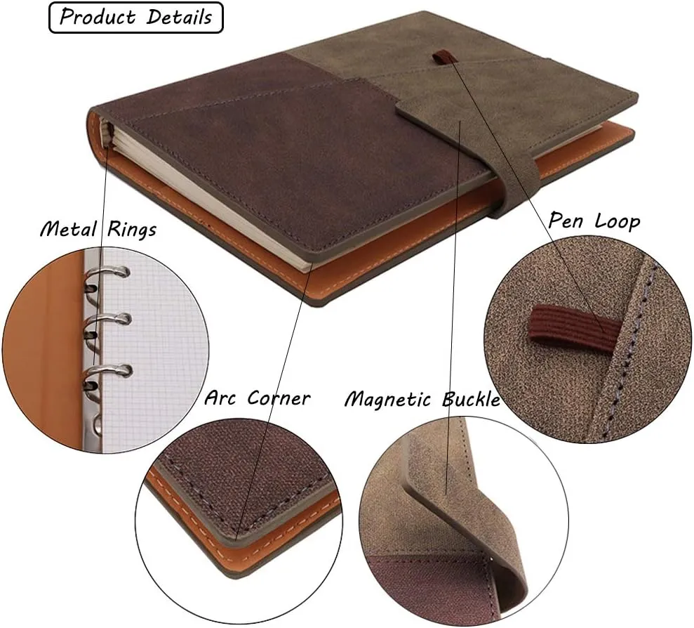 HXRTANGS A5 Loose-Leaf Notebook, Refillable 6-Ring Binder Journal Organizer with 80 Sheets Lined Paper   Planner Stickers   Subject Dividers   Index Tabs   Zip Bag   Stencil   Bookmark Ruler, Brown