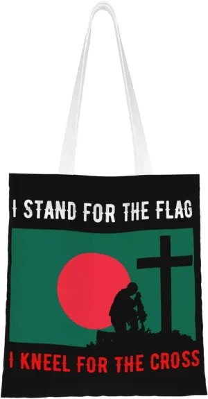 I Stand For The Bangladesh Flag And I Kneel For The Cross Tote Bag for Women Canvas Shopping Bags Reusable Large Capacity Casual Shoulder Handbags Grocery Bags DIY Gift Bags