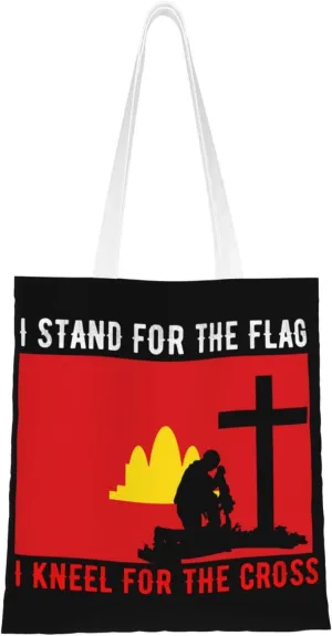 I Stand For The Democratic Kampuchea Flag And I Kneel For The Cross Tote Bag for Women Canvas Shopping Bags Reusable Large Capacity Casual Shoulder Handbags Grocery Bags