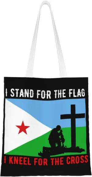 I Stand For The Djibouti Flag And I Kneel For The Cross Tote Bag for Women Canvas Shopping Bags Reusable Large Capacity Casual Shoulder Handbags Grocery Bags