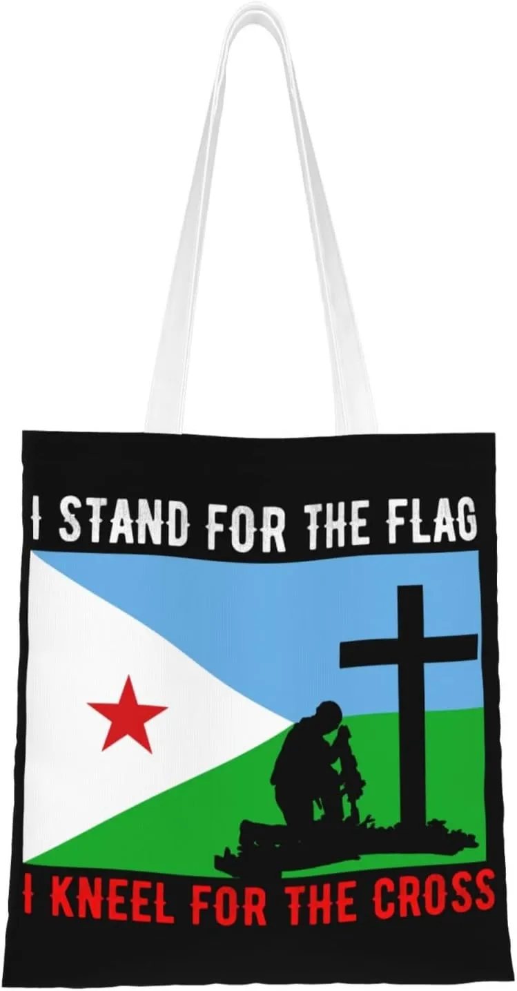 I Stand For The Djibouti Flag And I Kneel For The Cross Tote Bag for Women Canvas Shopping Bags Reusable Large Capacity Casual Shoulder Handbags Grocery Bags
