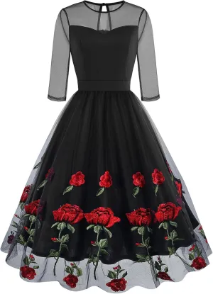 IDOPIP Women 1950s Vintage Elegant Floral Embroidered Dress Formal Prom Party Swing Dress Rockabilly Cocktail Evening Gown