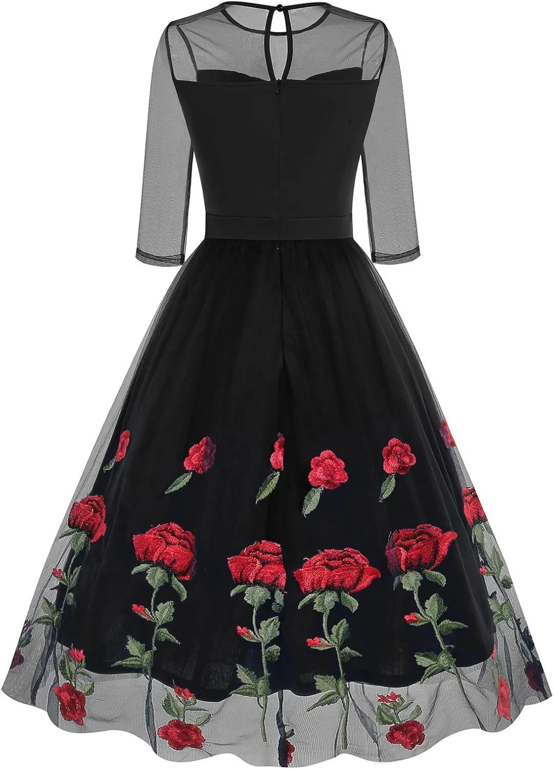 IDOPIP Women 1950s Vintage Elegant Floral Embroidered Dress Formal Prom Party Swing Dress Rockabilly Cocktail Evening Gown