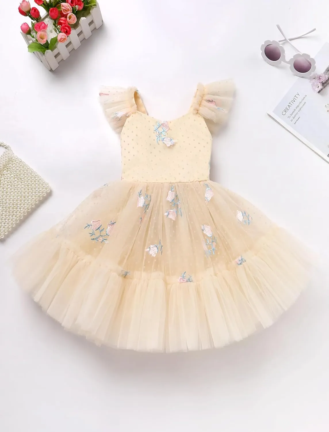IMEKIS Toddler Girls Strawberry Floral Tulle Birthday Dress Elastic Back Summer Casual Party Dresses