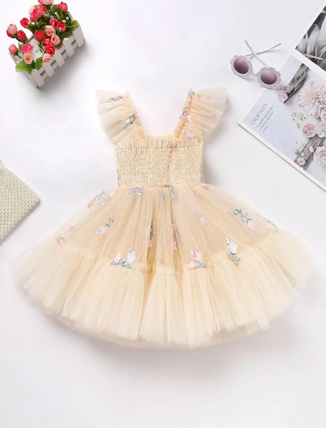 IMEKIS Toddler Girls Strawberry Floral Tulle Birthday Dress Elastic Back Summer Casual Party Dresses