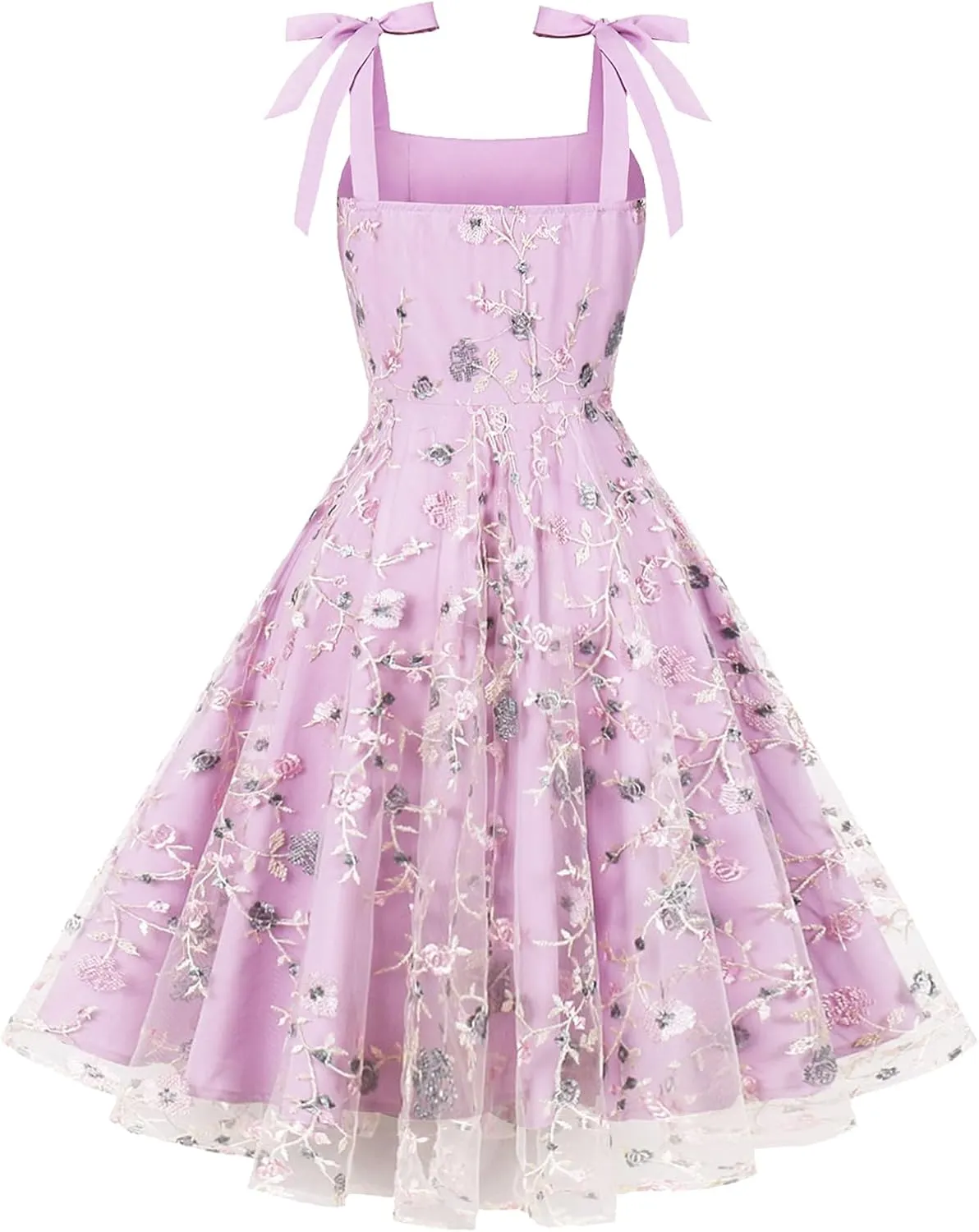 IMEKIS Women Square Neck Tie Strap Tulle Prom Dress Vintage Embroidered Floral Formal Evening Party Cocktail Dress
