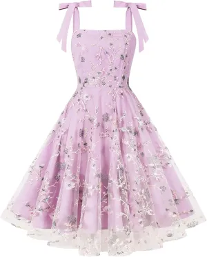 IMEKIS Women Square Neck Tie Strap Tulle Prom Dress Vintage Embroidered Floral Formal Evening Party Cocktail Dress