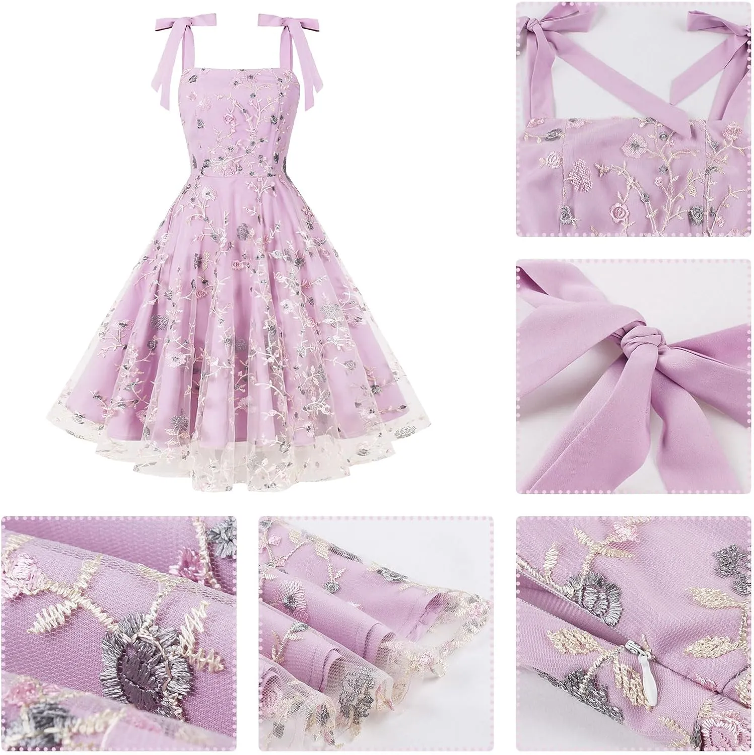 IMEKIS Women Square Neck Tie Strap Tulle Prom Dress Vintage Embroidered Floral Formal Evening Party Cocktail Dress