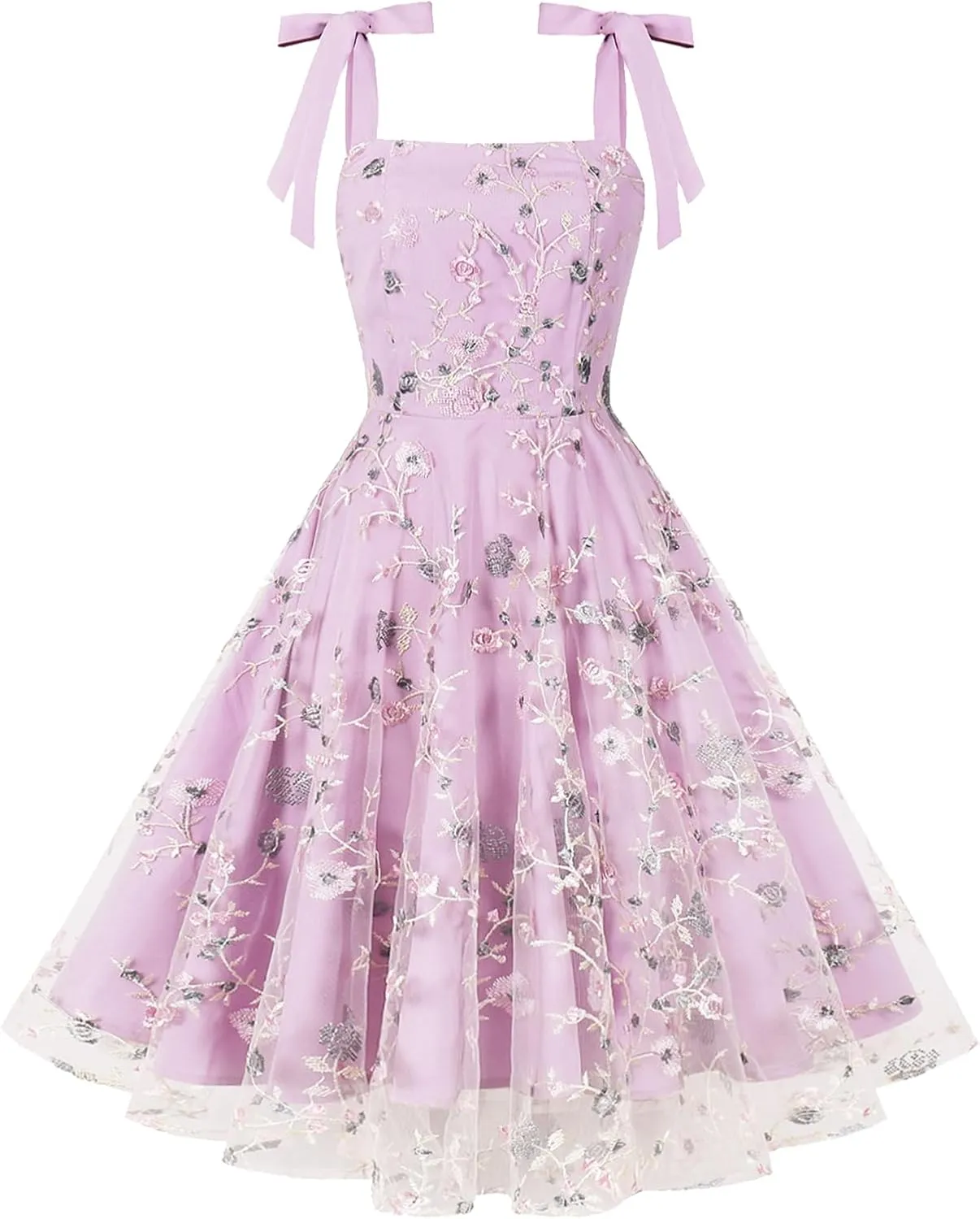 IMEKIS Women Square Neck Tie Strap Tulle Prom Dress Vintage Embroidered Floral Formal Evening Party Cocktail Dress