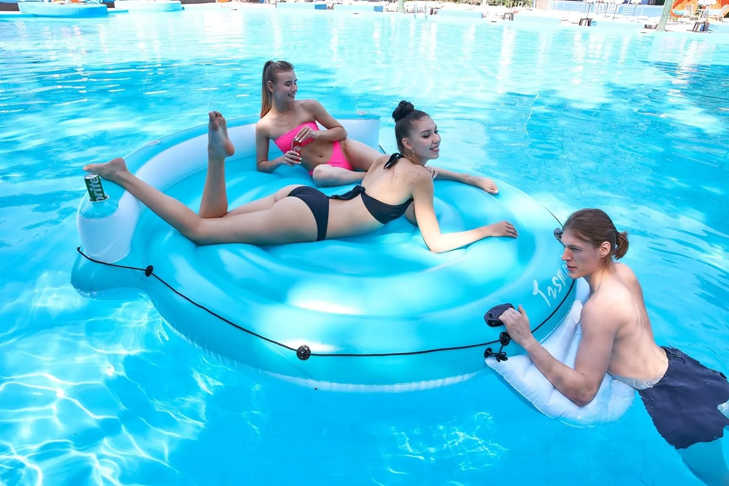 Inflatable Floating Island Pool Float for Adults - Giant 3-Person Lounger Raft with Cup Holders, Tropical Party Water Floats for Pool Lake River Relaxation