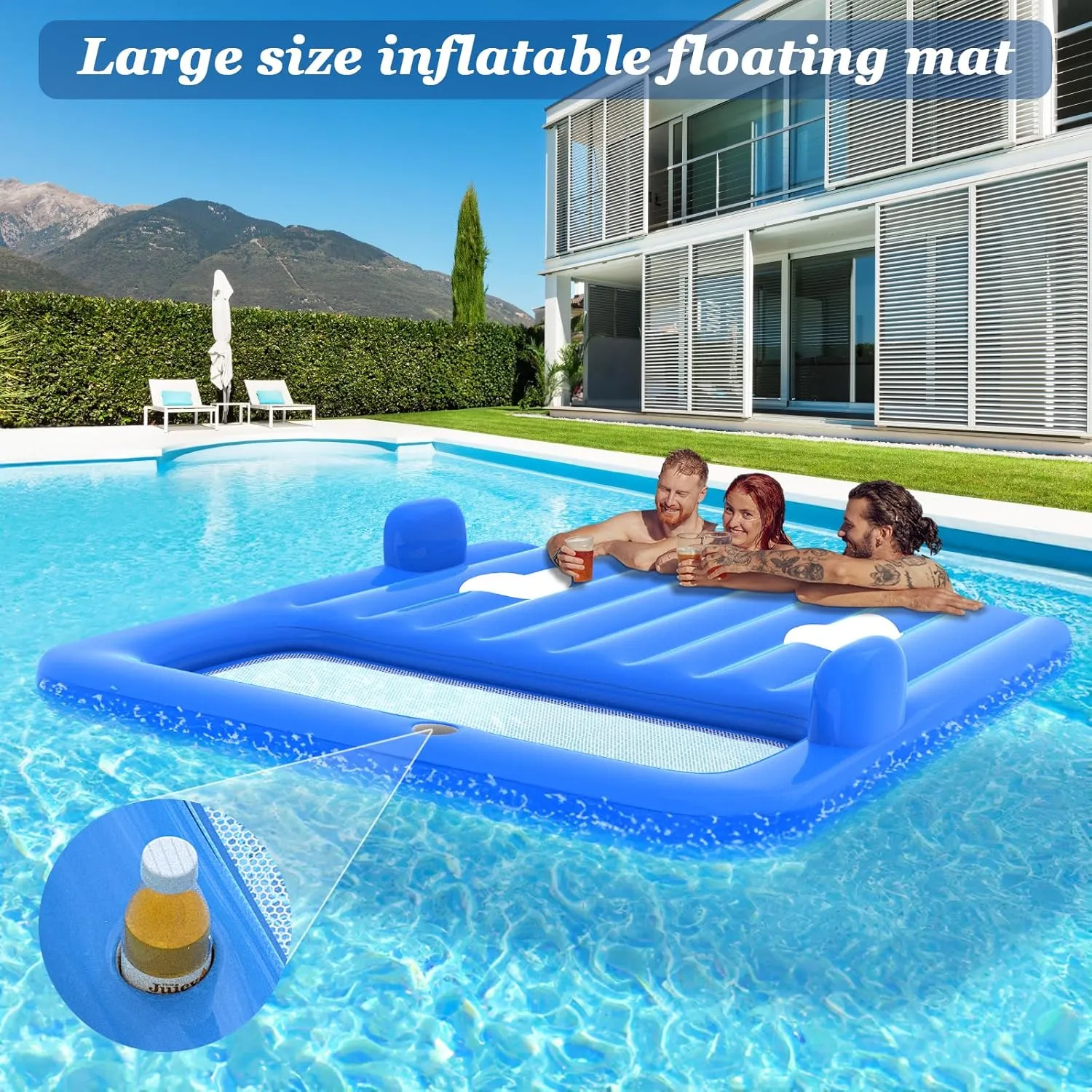 Inflatable Tanning Pool Lounger Float,Lake Floats for Adults - 71" X 71" Large Pool Floats with Headrest and Cup Holder Sunbathing Pool Lounge Raft Floatie Toys Water Filled Bed Mat Pad﻿