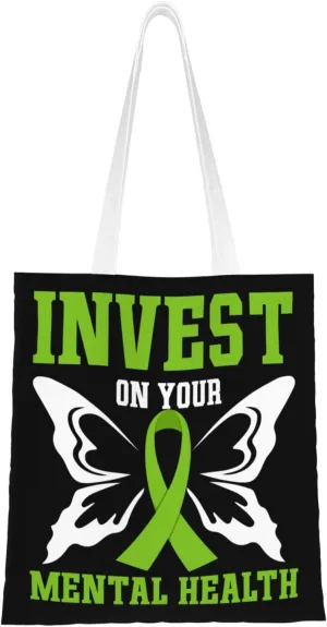 Invest On Your Mental Health Tote Bag for Women Canvas Shopping Bags Reusable Large Capacity Casual Shoulder Handbags Grocery Bags