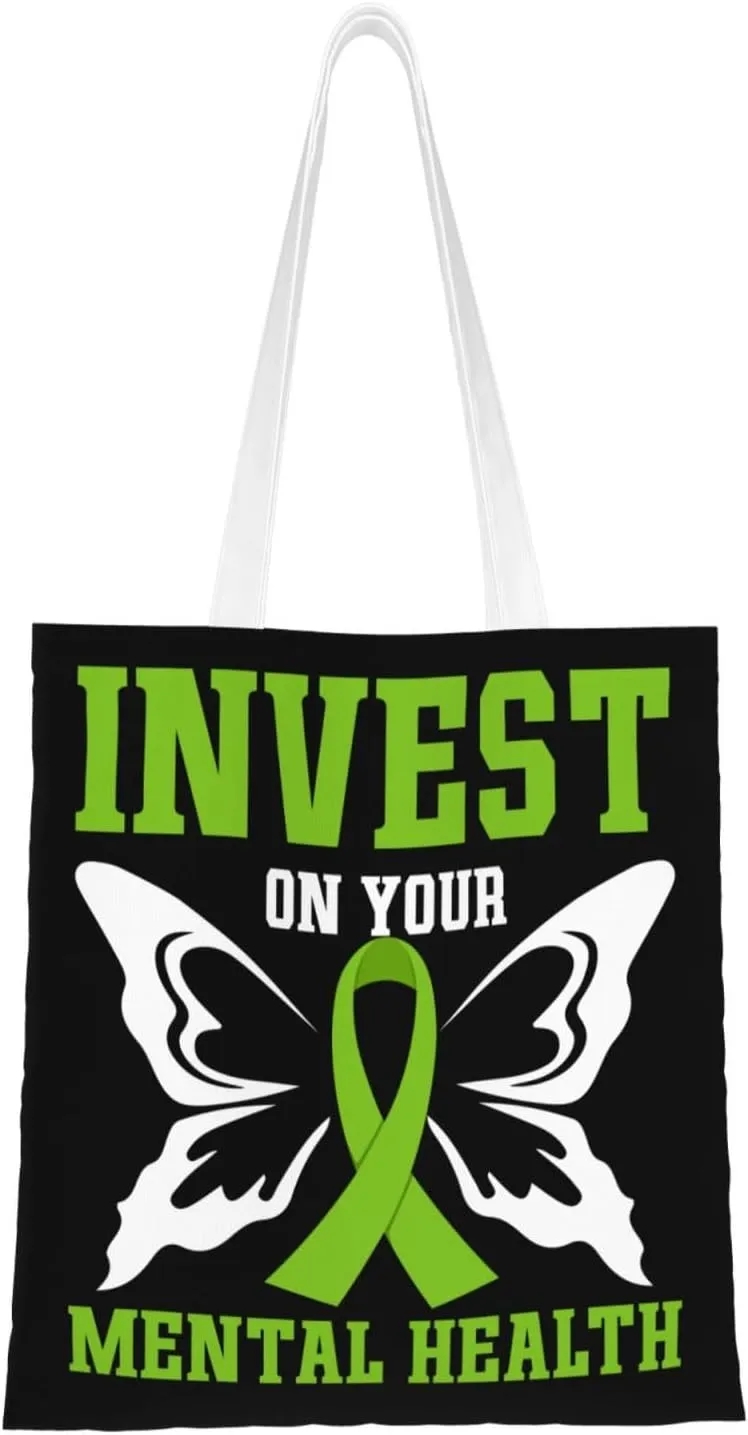 Invest On Your Mental Health Tote Bag for Women Canvas Shopping Bags Reusable Large Capacity Casual Shoulder Handbags Grocery Bags